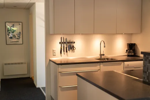 Die Küche mit Backofen, Herd, Kühlschrank, Gefrierschrank und Kaffeemaschine.